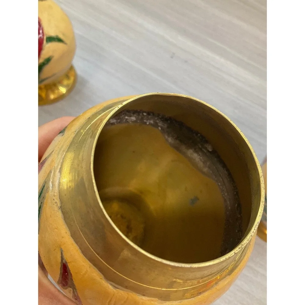 VINTAGE INDIAN BRASS HAND PAINTED ENAMEL JAR PITCHER AND VASE‎